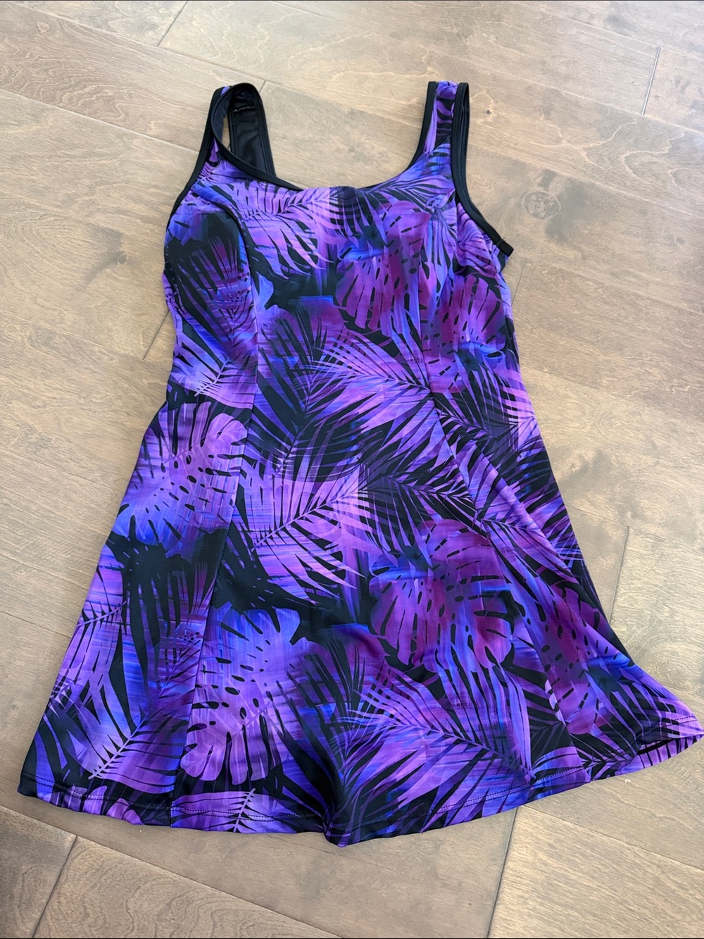Swimsuits For All Purple and Black Tropical One-Piece Swimdress